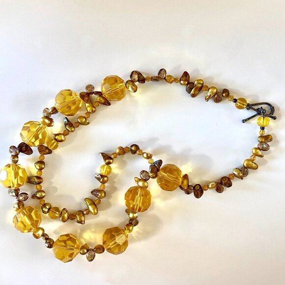 Yellow Pearl Crystal & 925 2 Strand Handmade Necklace Silver Dawn Jewels OOAK - Picture 2 of 6